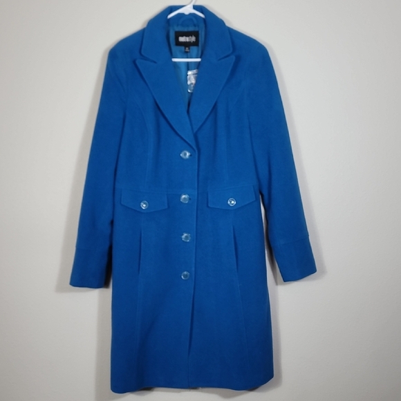 NWT MetroStyle Women Wool Trench Coat Size 12/M/L Teal Blue Button Up Pockets - Picture 1 of 14